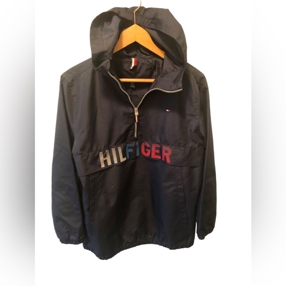 Tommy Hilfiger Big Logo Half Zip Jacket Sz. L 16/18 Youth W/ Hoodie Navy Blue